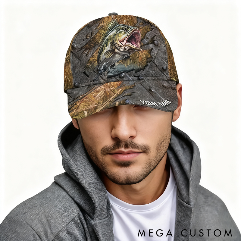 Personalized Fishing Hat Bass Fishing Cap Custom Name 3D Bass Design Perfect Gift for Men Trucker Dad Fishing Enthusiasts and Outdoor Adventures