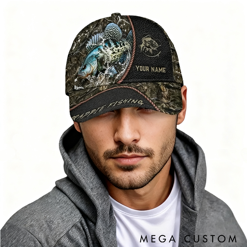 Personalized Crappie Fishing Hat Name Fishing Cap for Men Camouflage Fish Hunter Gift Outdoorsman Accessory for Anglers Custom Name Perfect Gift for Fishing Enthusiasts