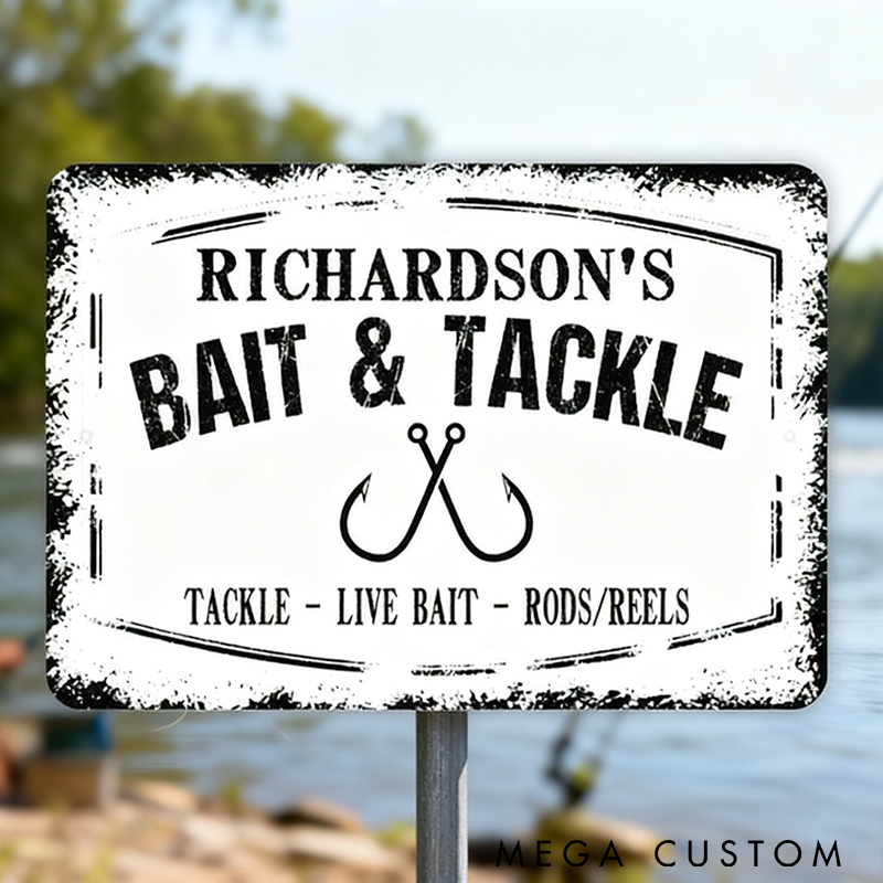 Personalized Fishing Shop Sign Metal Bait and Tackle Sign Custom Fishing Fisherman Boat Rod Reel Metal Wall Art for Indoor or Outdoor Fishing Decor