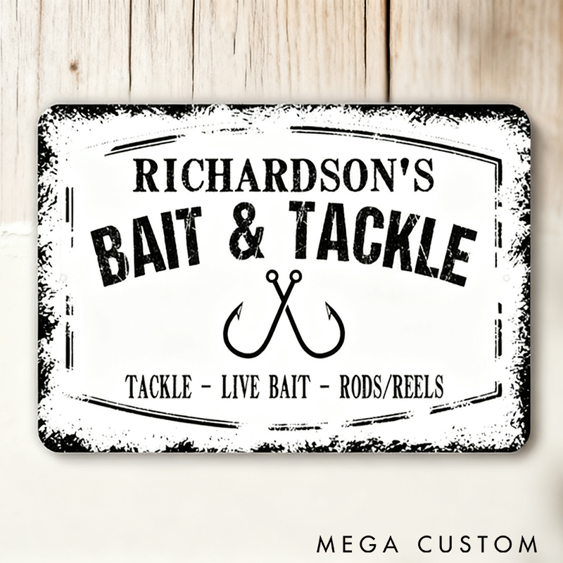 Personalized Fishing Shop Sign Metal Bait and Tackle Sign Custom Fishing Fisherman Boat Rod Reel Metal Wall Art for Indoor or Outdoor Fishing Decor