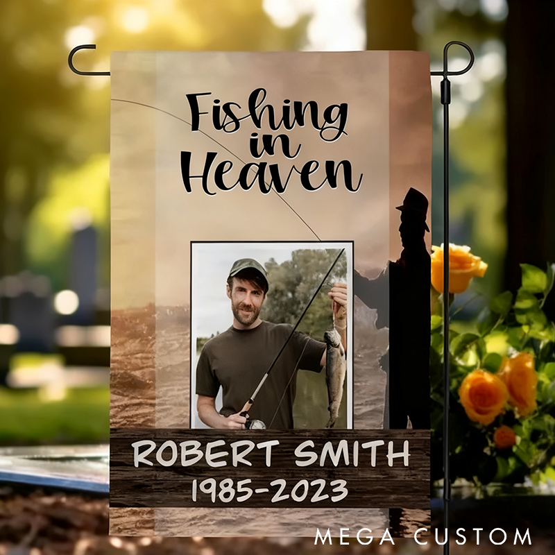 Personalized Fishing Memorial Garden Flag Fishing in Heaven Memorial Garden Flag Custom Photo Name and Time Outdoor Decoration for Honoring Loved Ones
