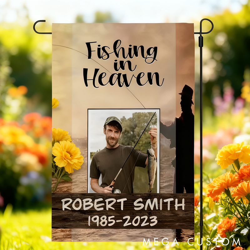 Personalized Fishing Memorial Garden Flag Fishing in Heaven Memorial Garden Flag Custom Photo Name and Time Outdoor Decoration for Honoring Loved Ones