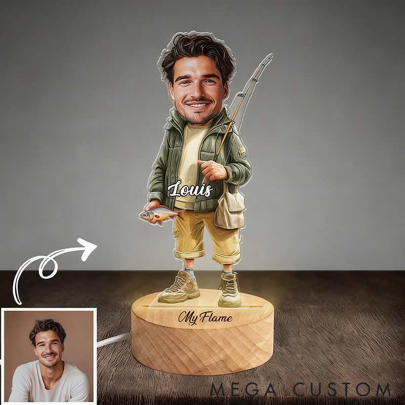  Personalized Fishing LED Night Light Fisherman Lamp Custom Face  Name LED Beech Wood Fishing Gift Unique Gift for Fishing Lovers  Warm LED Decorative Lamp