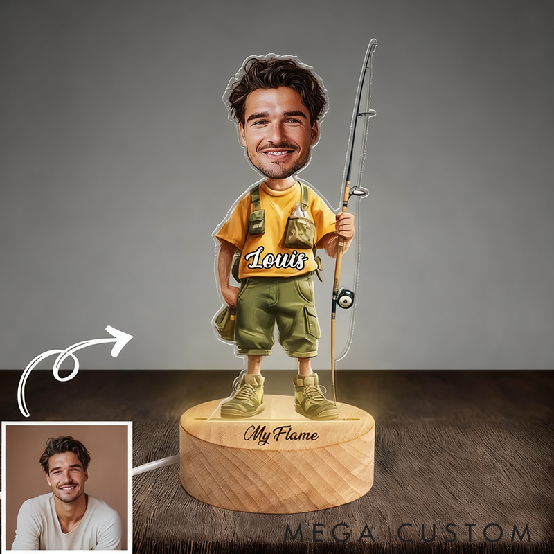  Personalized Fishing LED Night Light Fisherman Lamp Custom Face  Name LED Beech Wood Fishing Gift Unique Gift for Fishing Lovers  Warm LED Decorative Lamp