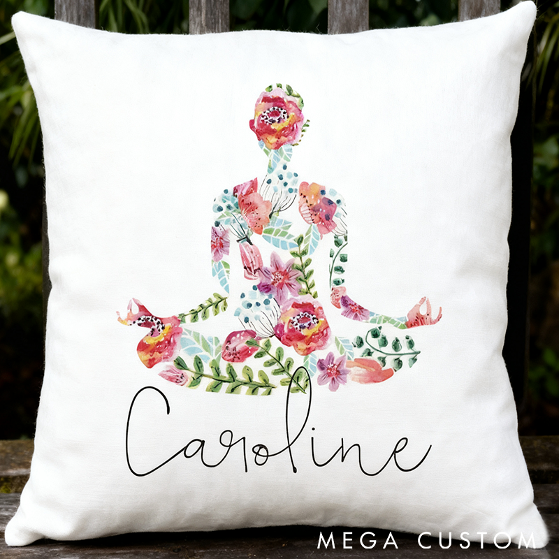 Personalized Yoga Pillow Custom Name Pillow Floral Meditation Design Perfect Gift for Yoga Enthusiasts