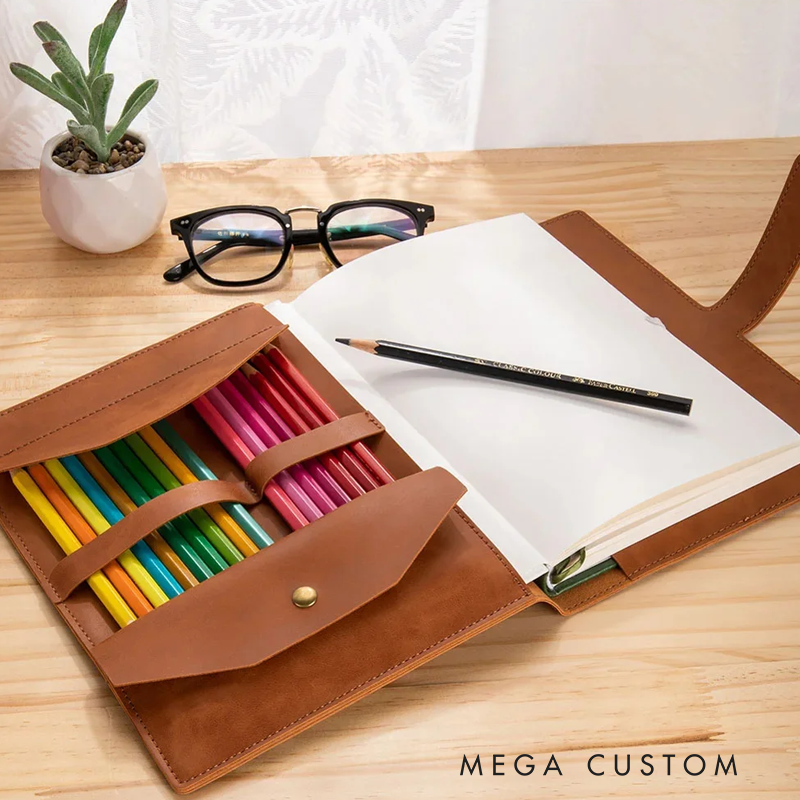 Personalized Teacher A5 Leather Notebook Cover with Pocket Pencil Rainbow Design Appreciation Gift for Teachers