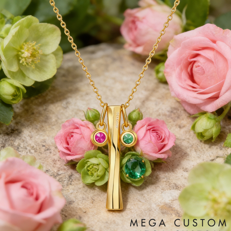 Personalized Sterling Silver Engraved Bar Necklace with Custom Birthstone