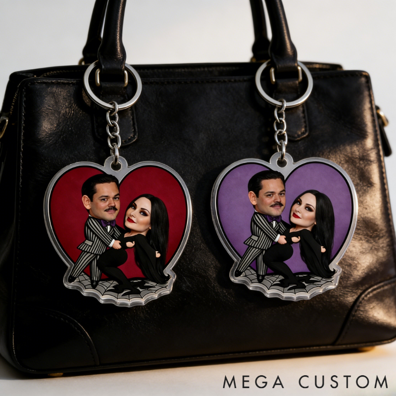 Personalized Gothic Cartoon Hearts Background Keychain Custom Photo Playfully Dark Holiday Gift