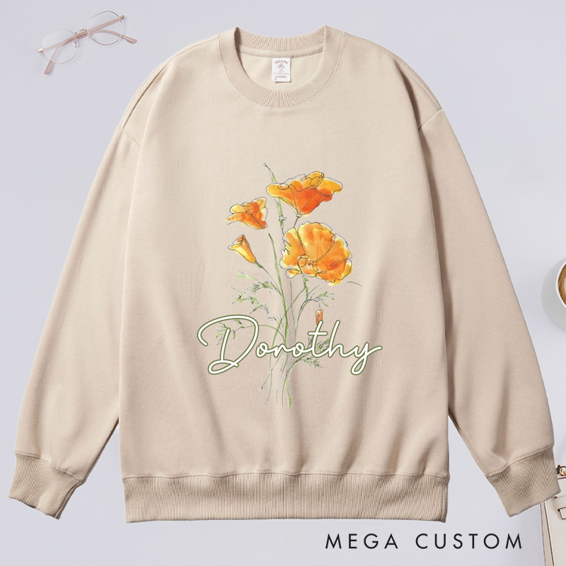 Personalized Golden Poppy Classic Sweatshirts Wildflower Sweatshirt with Name Botanical Sweatshirt Plant Lover Gift Gardening Gift for Gardener