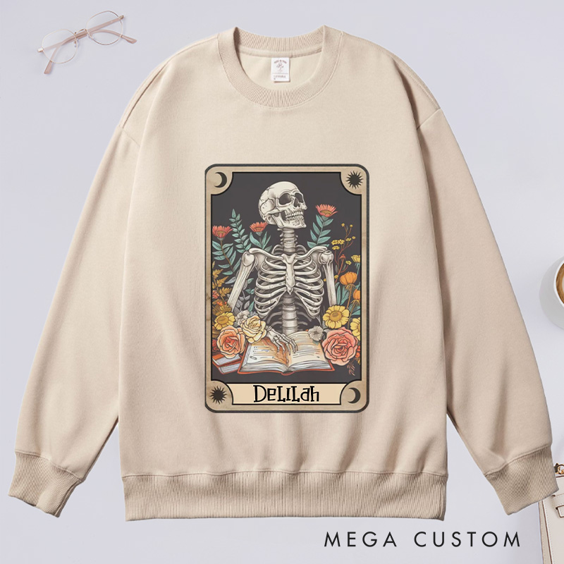 Personalized The Reader Tarot Card Classic Sweatshirts Skeleton Reading Sweatshirt with Name Book Lover Gift Librarian Gift
