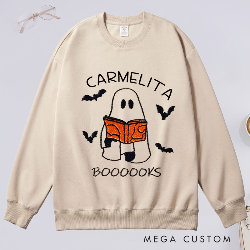 Personalized Booooks Classic Sweatshirts Custom Halloween Sweatshirt with Name Ghost Reading Halloween Gift Book Lovers Gift Librarian Gift