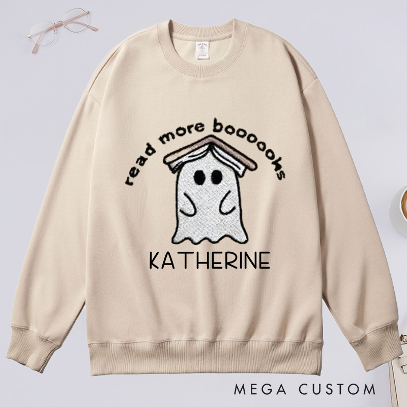 Personalized Ghost Book Classic Sweatshirts Fall Spooky Season Sweatshirt Reading Ghost Sweatshirt Book Lovers Gift Halloween Gift