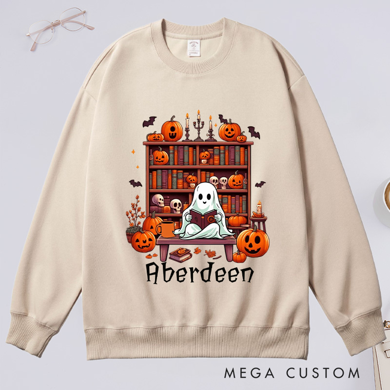 Personalized Ghost Book Reader Classic Sweatshirts Halloween Sweatshirt Bookish Sweatshirt with Name Book Lover Gift Librarian Gift Halloween Gift