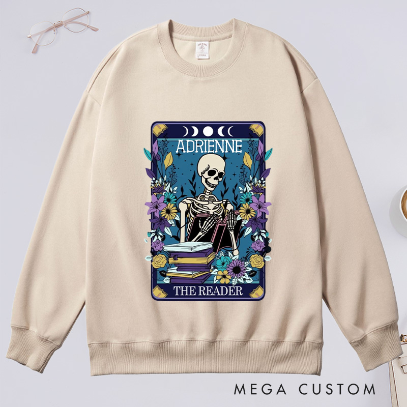 Personalized The Reader Classic Sweatshirts Skeleton Tarot Sweatshirt Bookish Sweatshirt with Name for Book Lover Gift Librarian Gift