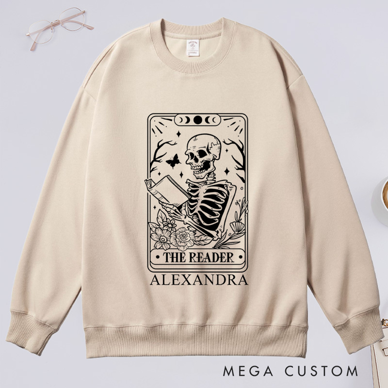 Personalized The Reader Tarot Card Classic Sweatshirts Skeleton Sweatshirt Bookish Sweatshirt with Name Book Lover Gift Librarian Gift Reader Gift