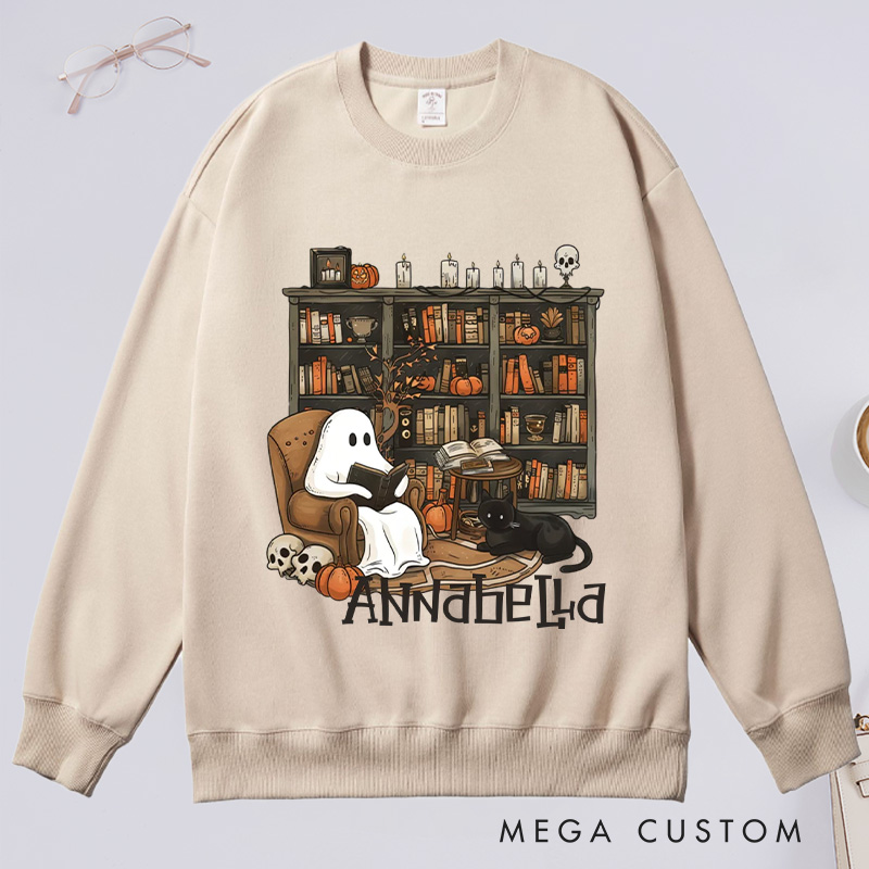 Personalized Retro Ghost Reading Books Classic Sweatshirts Book Lover Sweatshirt Halloween Sweatshirt Reading Gift Librarian Gift Book Lover Gift