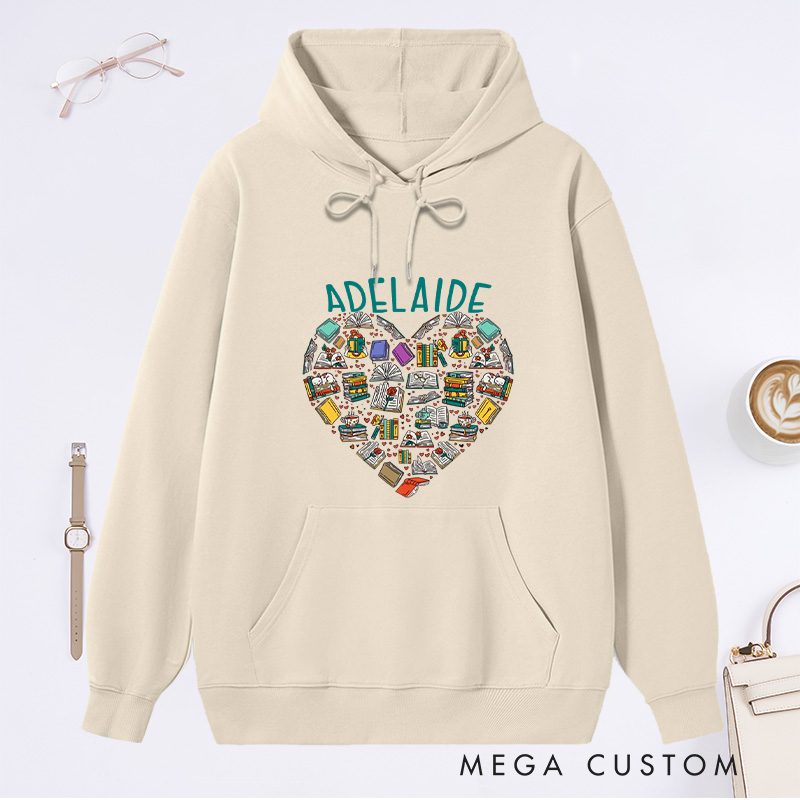 Personalized Books Heart Classic Hoodies Custom Book Lover Hoodies with Name Reading Hoodies Librarian Gift Book Lover Gift for Reader