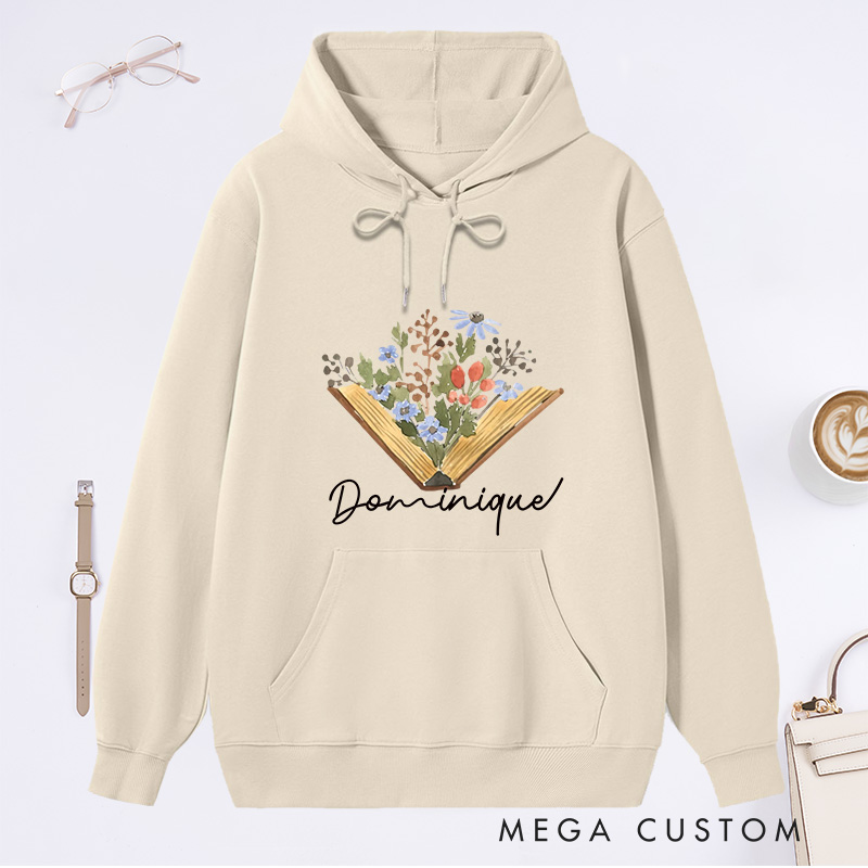 Personalized Flower Book Classic Hoodies Bookish Wildflower Hoodies Custom Book Lover Hoodies with Name Librarian Gift Reading Gift for Reader