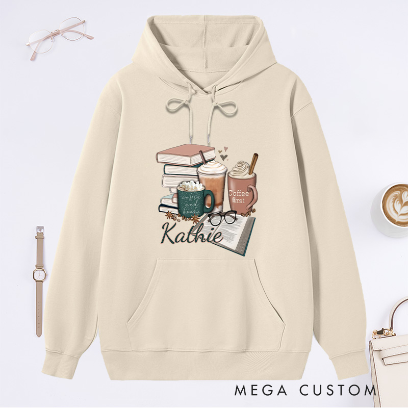 Personalized Coffee and Books Classic Hoodies Custom Book Lover Hoodies with Name Librarian Gift Book Lover Gift for Reader Gift