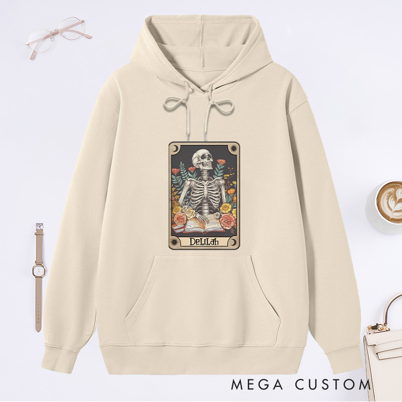 Personalized The Reader Tarot Card Classic Hoodies Skeleton Reading Hoodies Custom Bookish Hoodies with Name Librarian Gift Book Lover Gift
