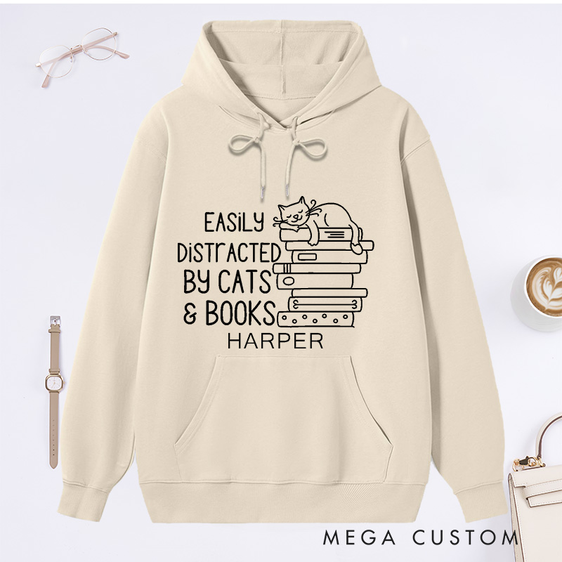 Personalized Easily Distracted By Cats And Books Classic Hoodies Book Lover Gift Funny Cat Hoodies