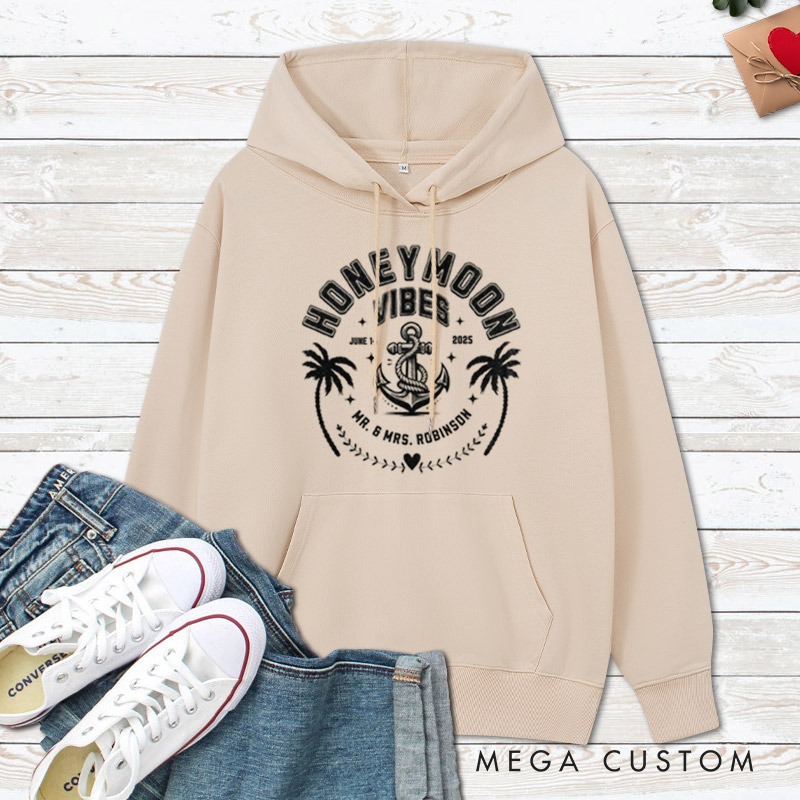 Personalized Nautical Honeymoon Vibes with Anchor and Palm Trees Matching Honeymoon Couple Hoodie