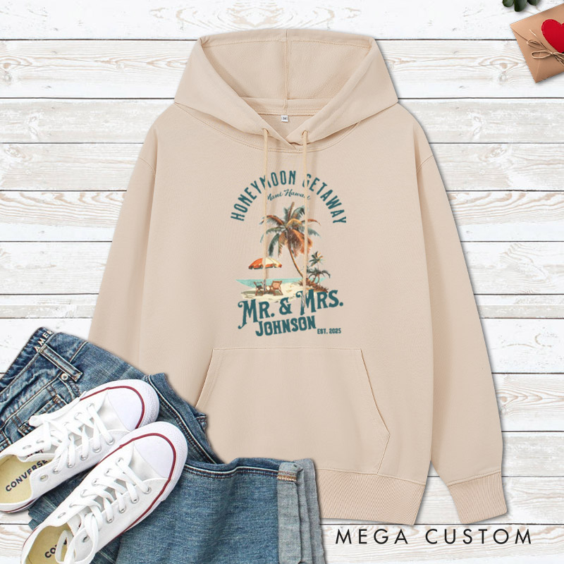 Personalized Vintage Tropical Honeymoon Getaway with Beach Scene Matching Honeymoon Couple Hoodie