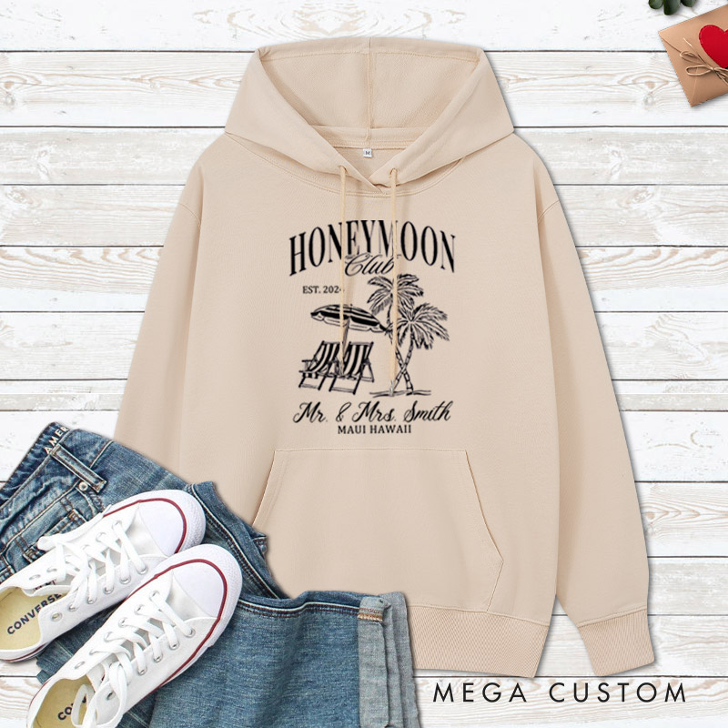 Personalized Classic Tropical Honeymoon Club with Beach Scene Matching Honeymoon Couple Hoodie