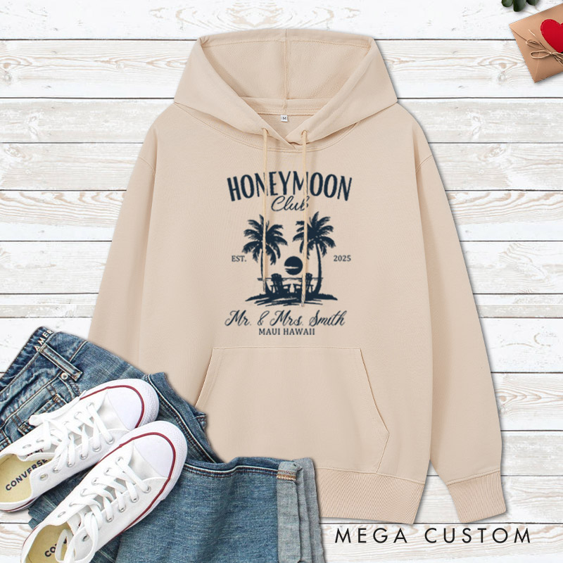 Personalized Vintage Tropical Honeymoon Club with Sunset Matching Honeymoon Couple Hoodie