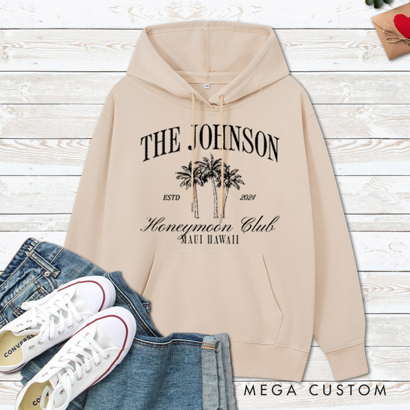 Personalized Classic Honeymoon Club with Palm Trees Matching Honeymoon Couple Hoodie