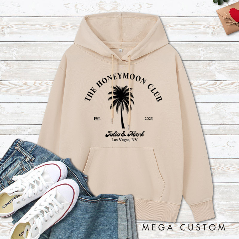 Personalized Tropical The Honeymoon Club with Palm Tree Matching Honeymoon Couple Hoodie