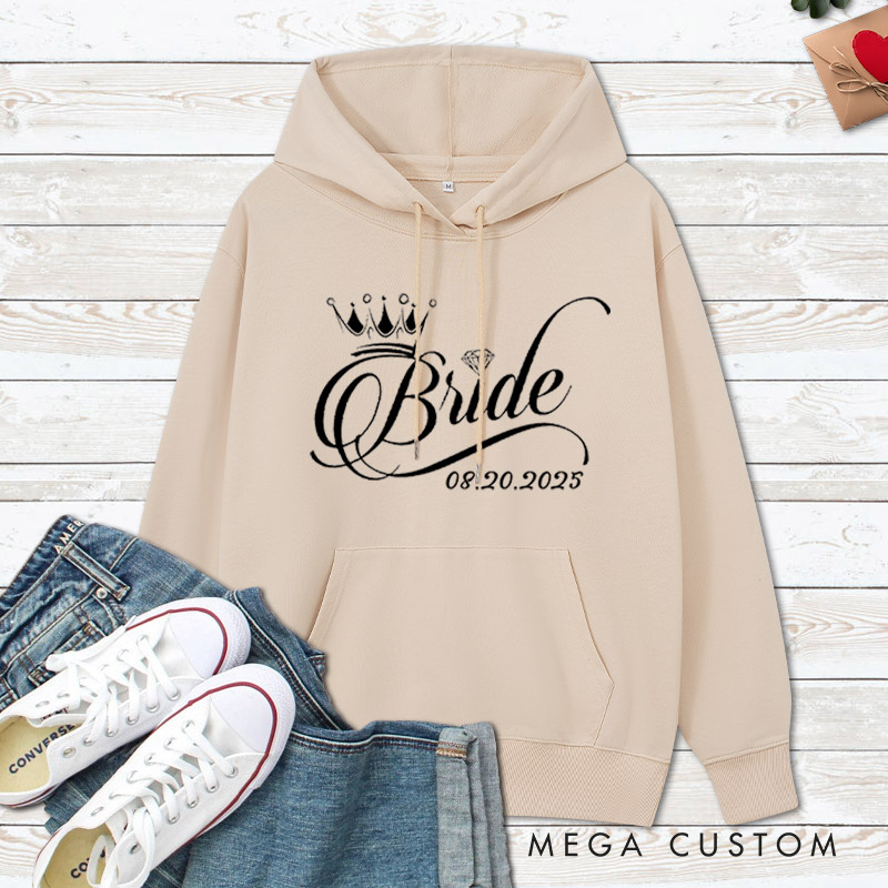 Personalized Regal Bride and Groom with Crowns and Date Matching Wedding Couple Hoodie