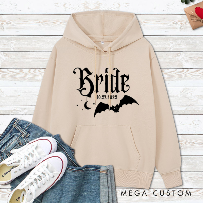 Personalized Halloween Gothic Bride and Groom with Bat and Moon Matching Wedding Couple Hoodie