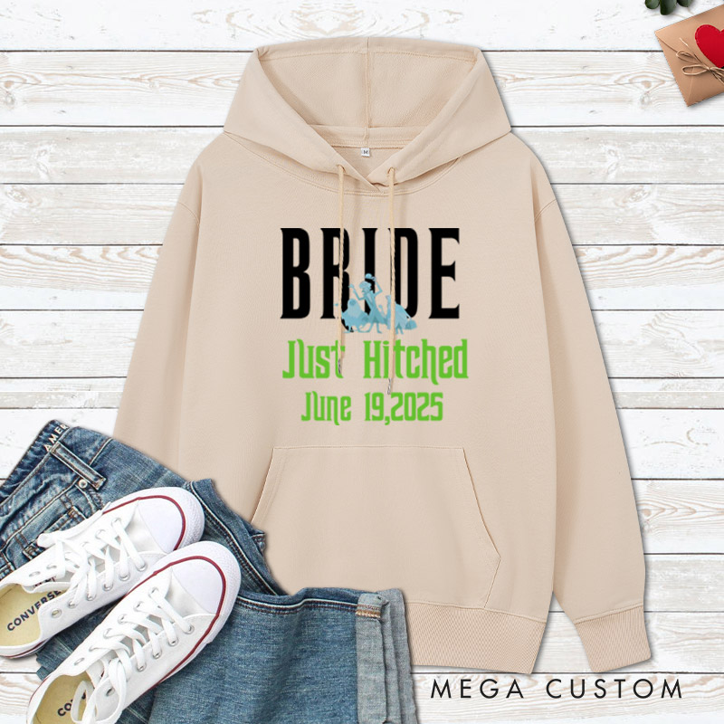 Personalized Playful Just Hitched Bride and Groom Wedding Couple Hoodie
