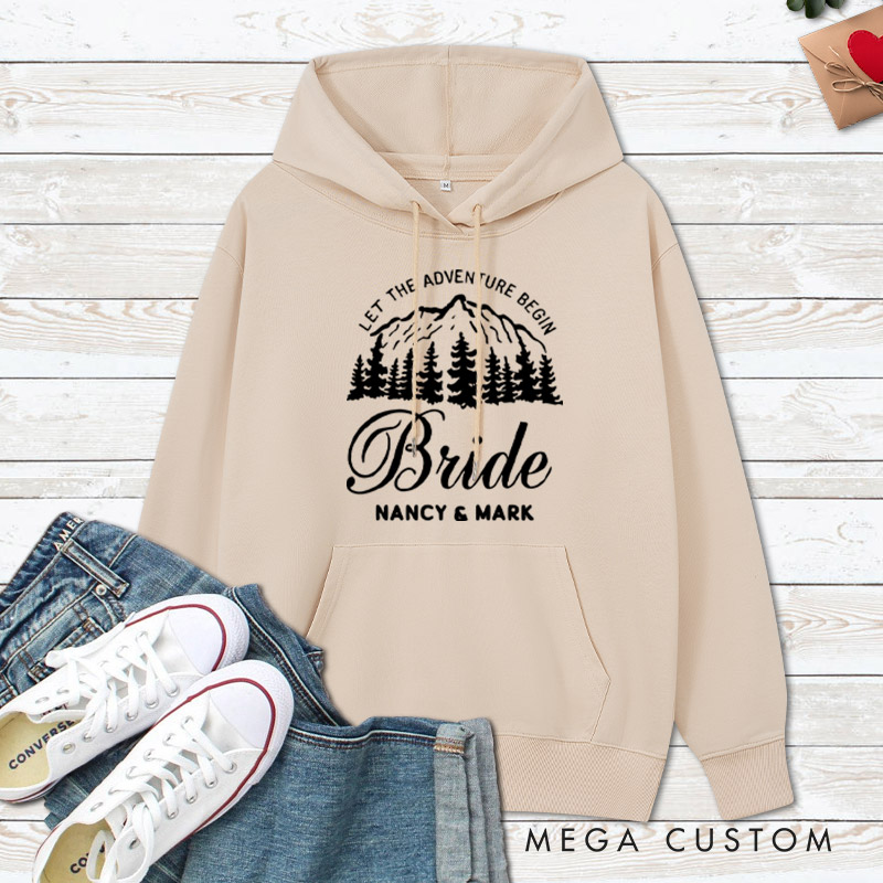 Personalized Mountain Serene Let The Adventure Begin Bride and Groom Wedding Couple Hoodie