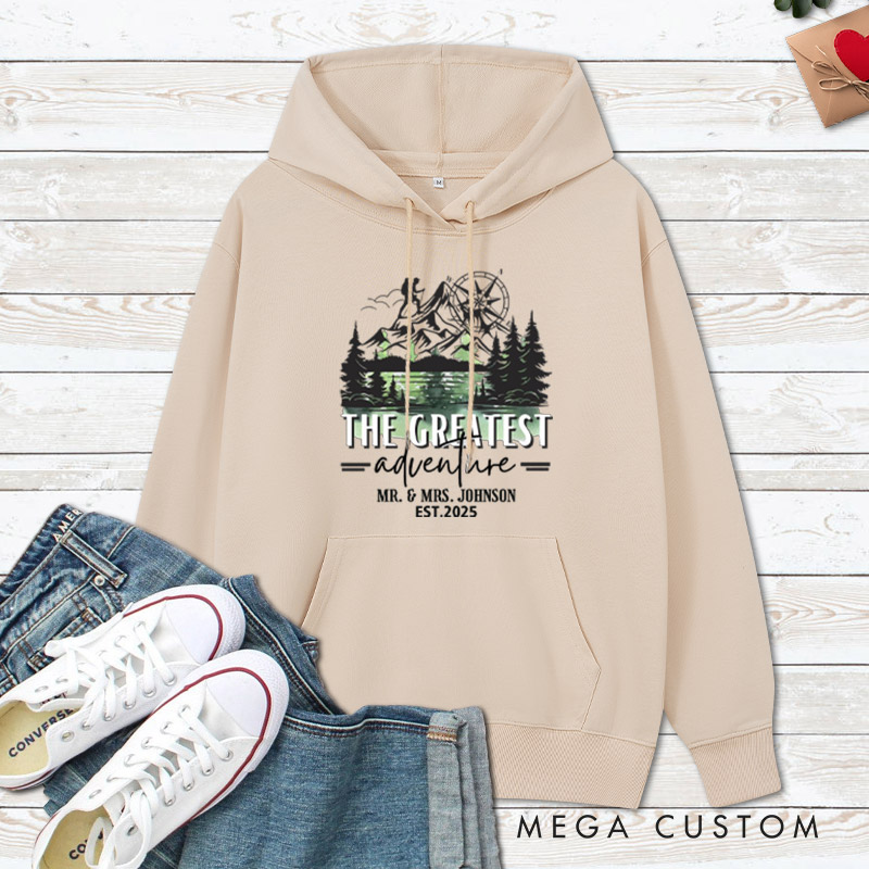 Personalized The Greatest Adventure Mr and Mrs Wedding Couple Hoodie