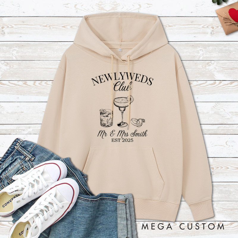 Personalized Rustic Newlyweds Club with Cocktails Mr and Mrs Wedding Couple Hoodie
