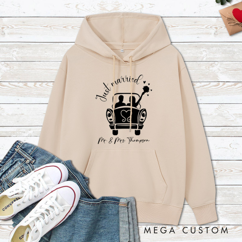 Personalized Romantic Just Married with Wedding Car Wedding Couple Hoodie