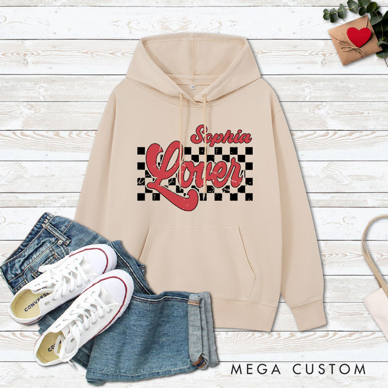 Personalized Couple Retro Checkerboard Lover Valentine's Day Hoodie with Name Couple Sweatshirt for Boyfriend Girlfriend Hubby Wifey Husband Wife
