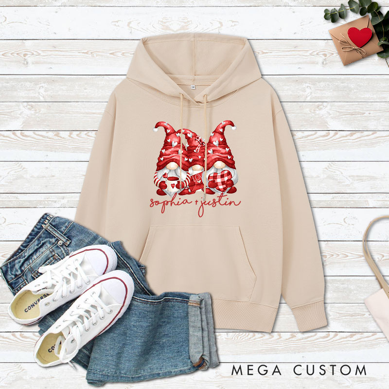 Personalized Couple Three Heart Gnome Valentine's Day Hoodie with Name Couple Sweatshirt for Boyfriend Girlfriend Husband Wife Hubby Wifey
