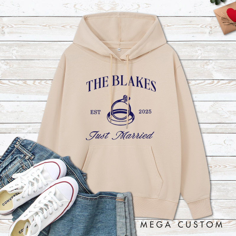 Personalized Elegant Just Married Wedding Rings Newlyweds Wedding Couple Hoodie