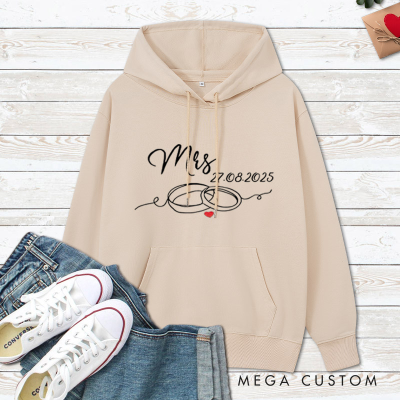 Personalized Elegant Mr and Mrs with Wedding Rings Matching Wedding Couple Hoodie