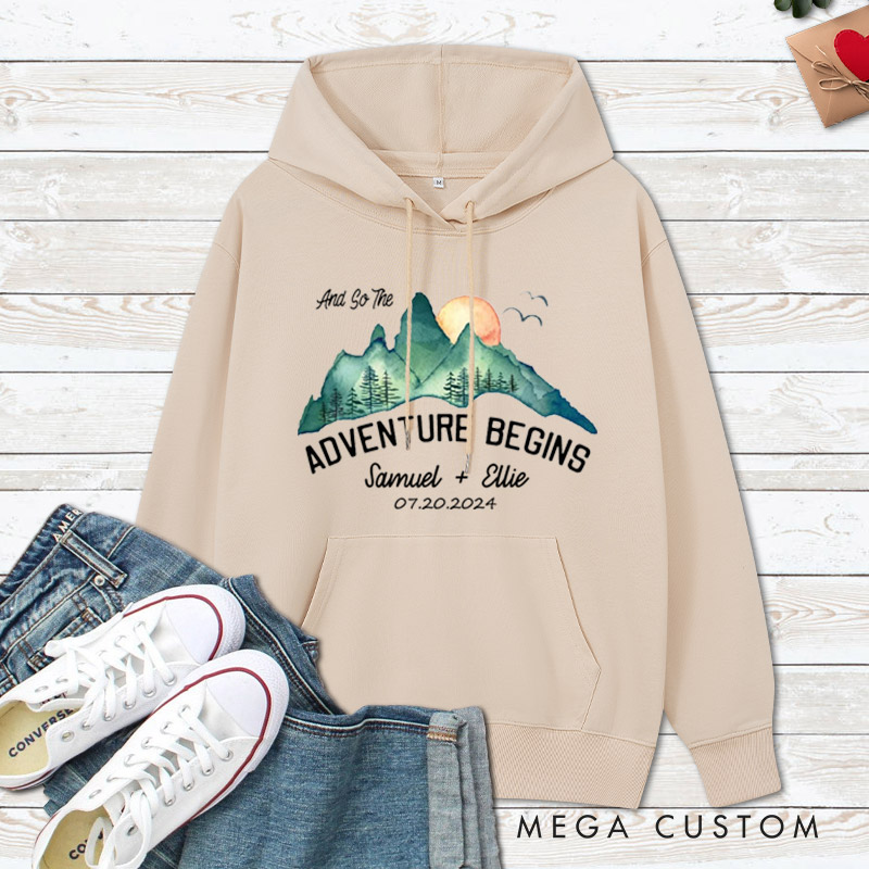 Personalized Scenic And So The Adventure Begins Newlyweds Wedding Couple Hoodie