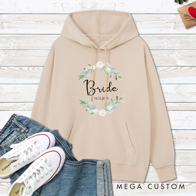 Personalized Elegant Floral Wreath Bride and Groom Matching Wedding Couple Hoodie