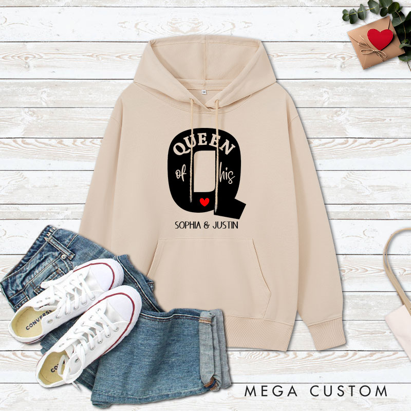 Personalized Couple King of Her Heart and Queen of His Heart Valentine's Day Hoodie with Name Couple Sweatshirt for Boyfriend Girlfriend Husband Wife