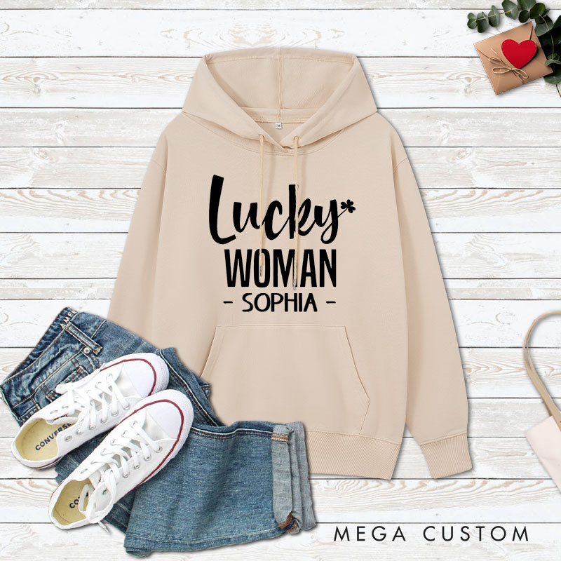 Personalized Couple Lucky Man and Lucky Woman Valentine's Day Hoodie with Name Couple Sweatshirt for Boyfriend Girlfriend Husband Wife