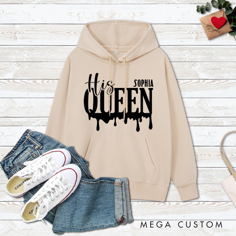 Personalized Couple Minimalist Her King and His Queen Valentine's Day Hoodie with Name Couple Sweatshirt for Boyfriend Girlfriend Husband Wife