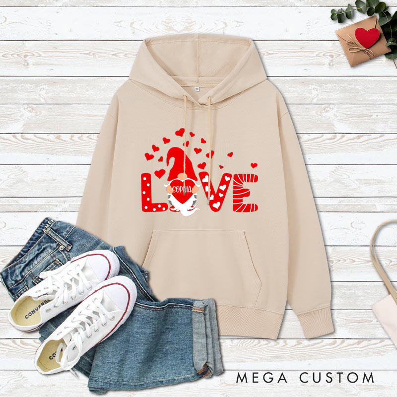 Personalized Couple Red Gnome with Heart Valentine's Day Hoodie with Name Couple Sweatshirt for Boyfriend Girlfriend Husband Wife
