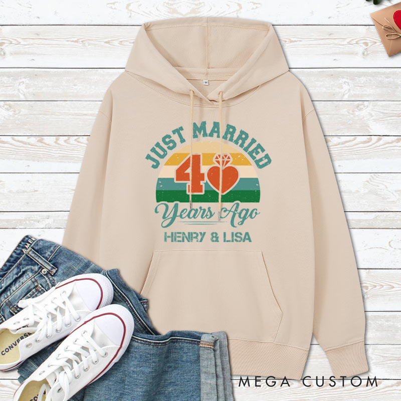 Personalized Just Married 40 Years Ago Retro Hoodie Couple Wedding Anniversary Outfit for Her Him Anniversary Hoodie for Wife Husband