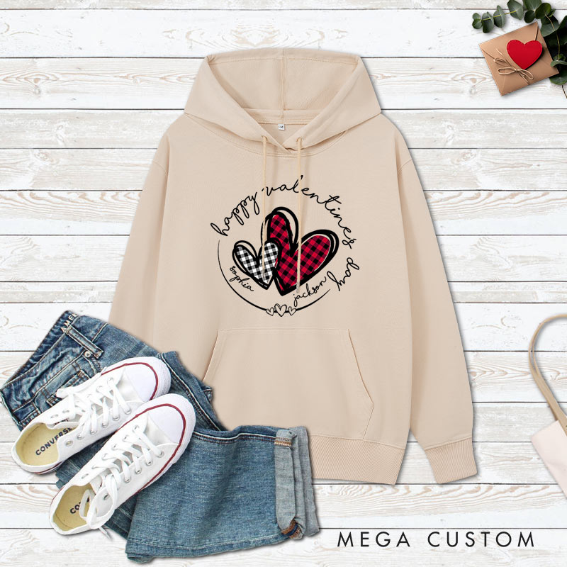 Personalized Couple Plaid Heart Happy Valentine's Day Hoodie with Name Couple Sweatshirt for Boyfriend Girlfriend Husband Wife